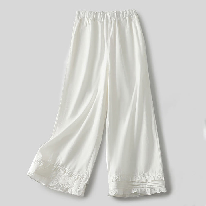 Pantalones de lino y algodón para mujer con bolsillos y diseño de dobladillo con volantes en colores puros de Buddha Stones Artistic Commute - Blanco - US12, UK/AU16, EU44 (2XL) - image 0