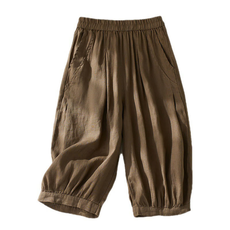 Pantalones harén de lino y algodón con cintura alta para mujer, de Buddha Stones Commute, con bolsillos