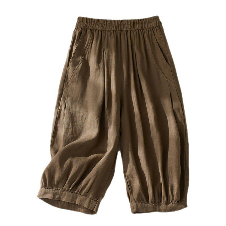 Pantalones harén de lino y algodón con cintura alta para mujer, de Buddha Stones Commute, con bolsillos