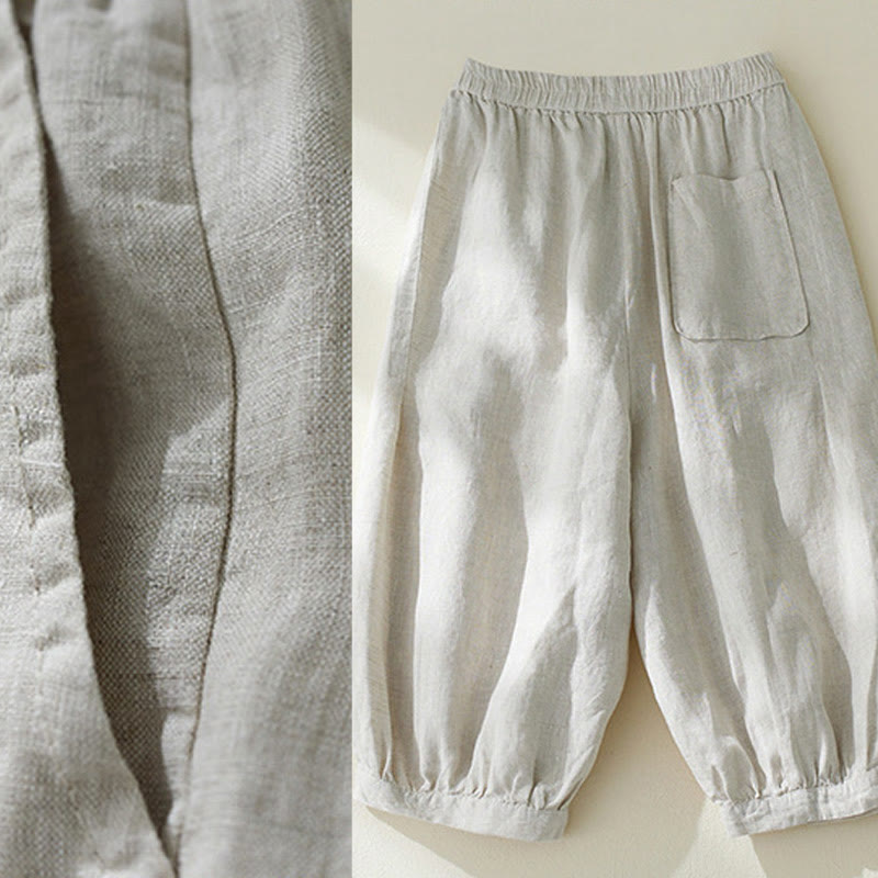 Pantalones harén de lino y algodón con cintura alta para mujer, de Buddha Stones Commute, con bolsillos
