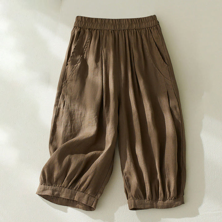 Pantalones harén de lino y algodón con cintura alta para mujer, de Buddha Stones Commute, con bolsillos