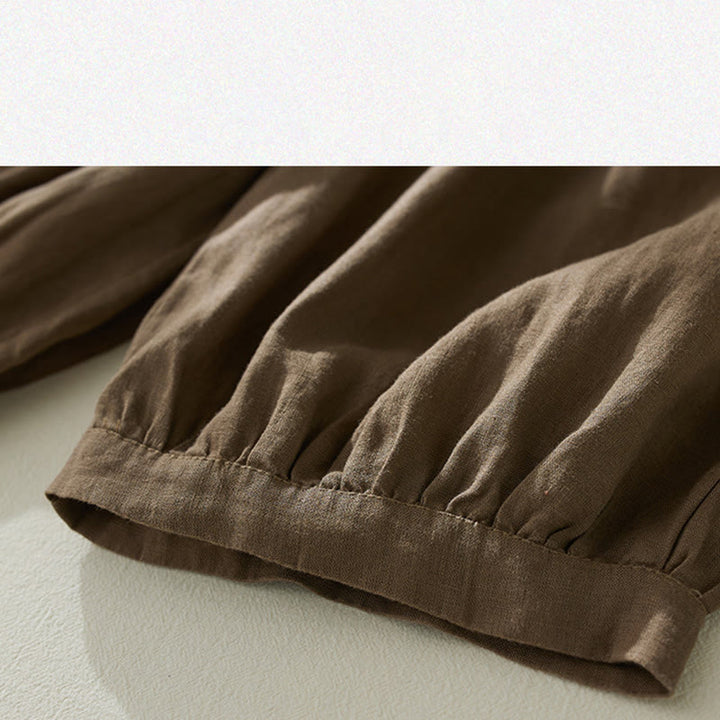 Pantalones harén de lino y algodón con cintura alta para mujer, de Buddha Stones Commute, con bolsillos
