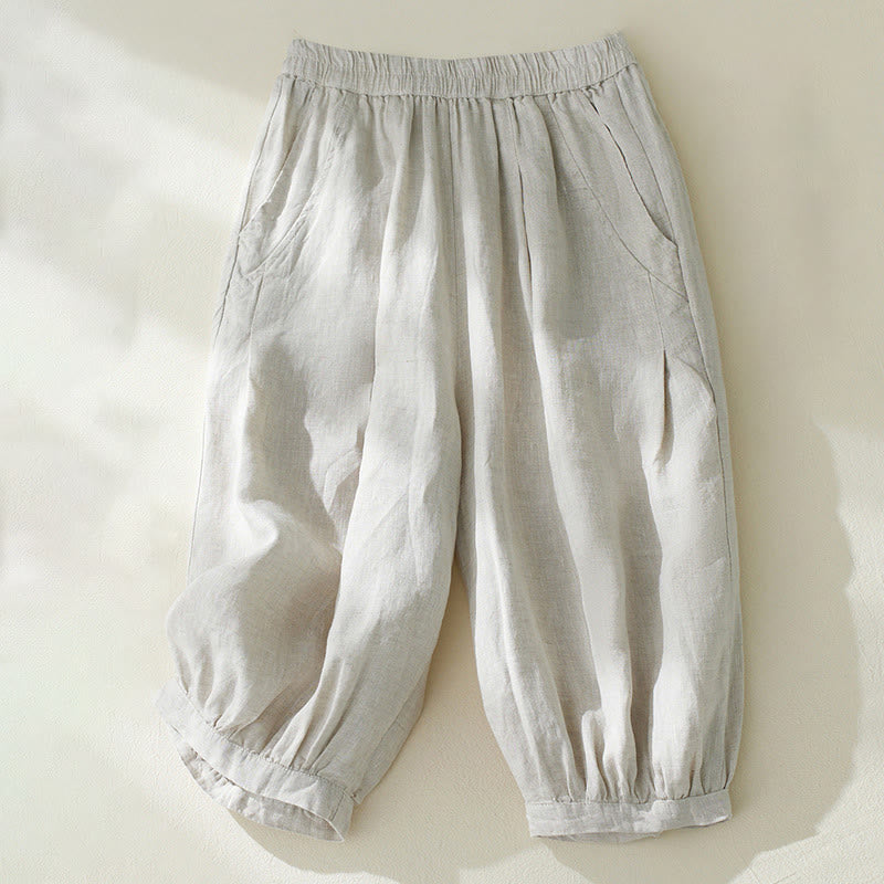 Pantalones harén de lino y algodón con cintura alta para mujer, de Buddha Stones Commute, con bolsillos