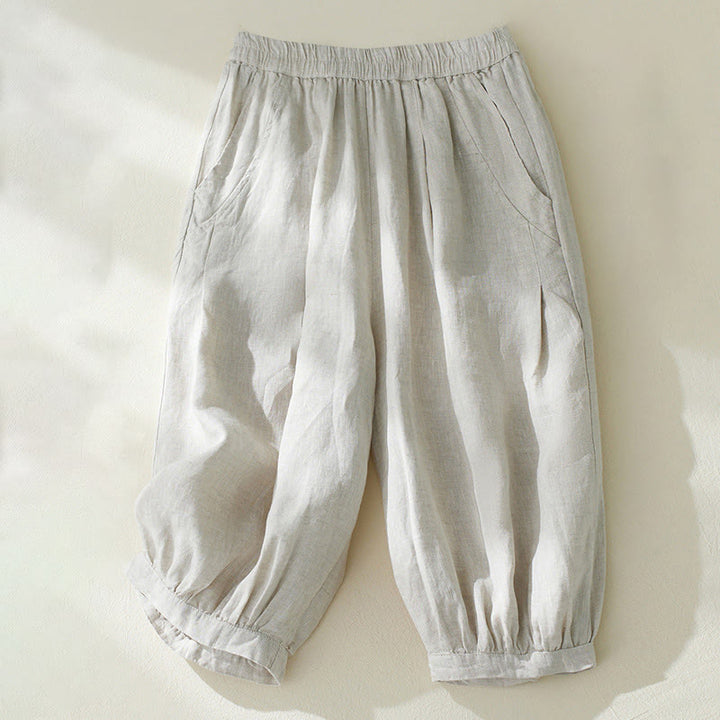 Pantalones harén de lino y algodón con cintura alta para mujer, de Buddha Stones Commute, con bolsillos