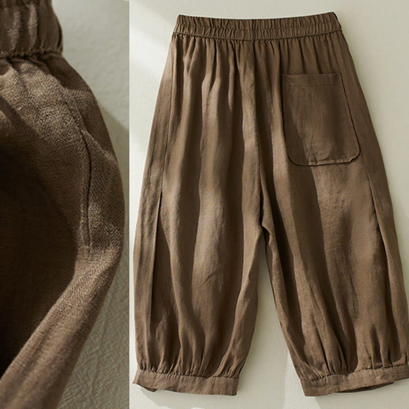 Pantalones harén de lino y algodón con cintura alta para mujer, de Buddha Stones Commute, con bolsillos