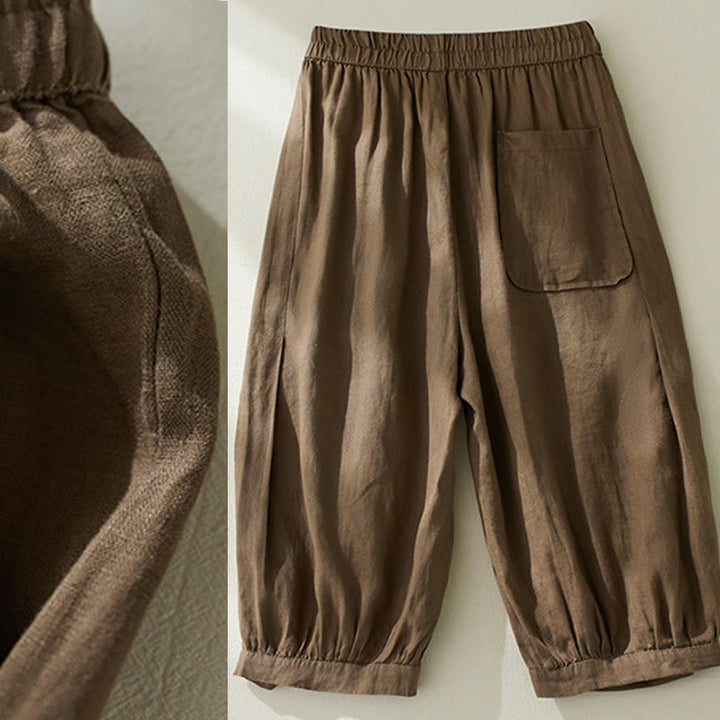 Pantalones harén de lino y algodón con cintura alta para mujer, de Buddha Stones Commute, con bolsillos