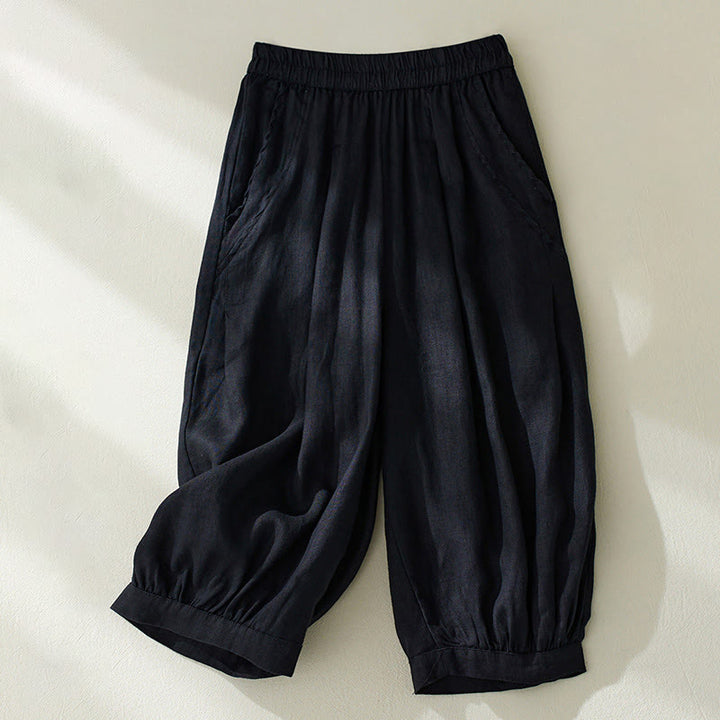Pantalones harén de lino y algodón con cintura alta para mujer, de Buddha Stones Commute, con bolsillos