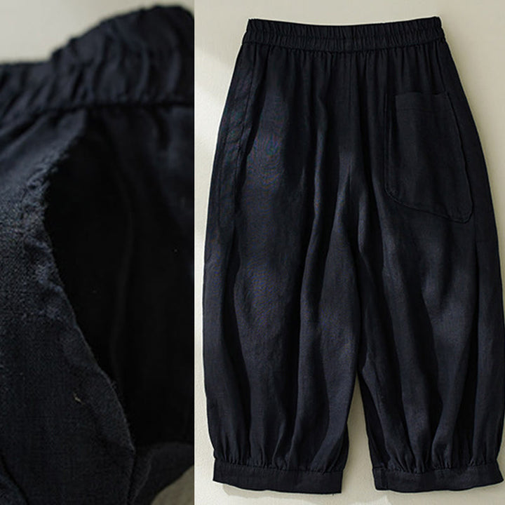 Pantalones harén de lino y algodón con cintura alta para mujer, de Buddha Stones Commute, con bolsillos