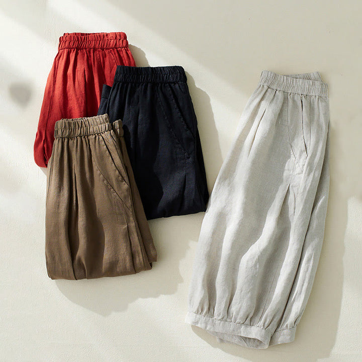 Pantalones harén de lino y algodón con cintura alta para mujer, de Buddha Stones Commute, con bolsillos