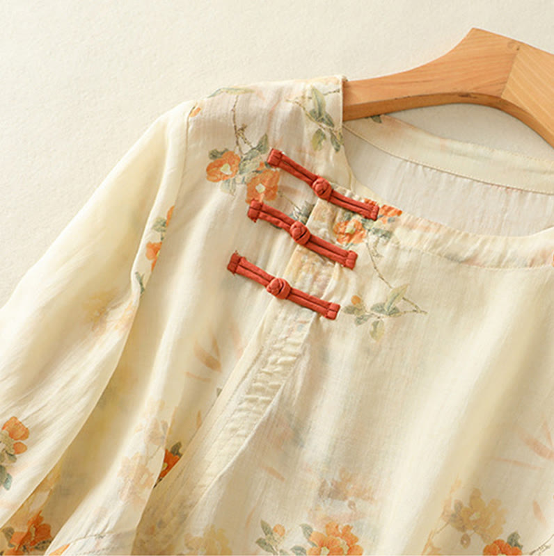 Camisa de poliéster de manga tres cuartos para mujer con cuello redondo, estampado de plantas y botones de rana, con Buddha Stones - image 2