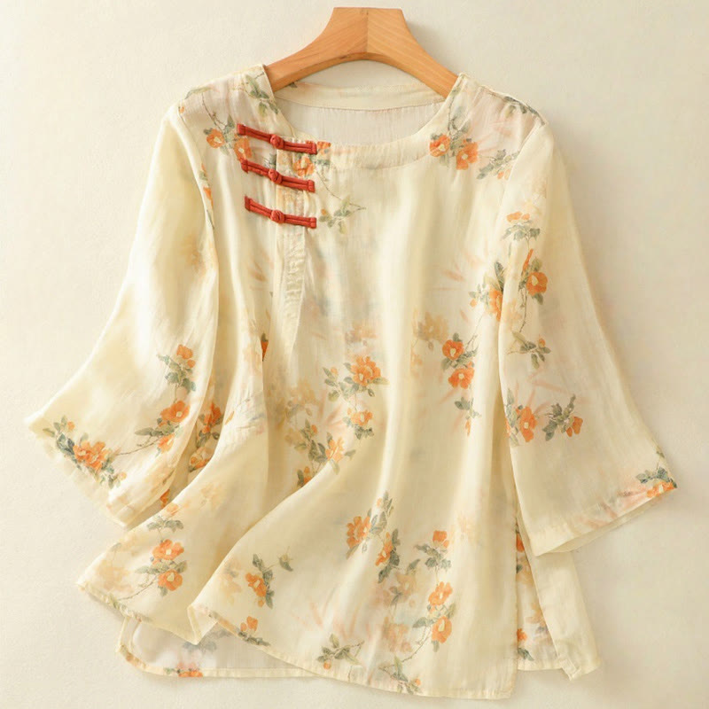 Camisa de poliéster de manga tres cuartos para mujer con cuello redondo, estampado de plantas y botones de rana, con Buddha Stones - Chifón de limón - US8-10，UK/AU12-14，EU40-42 (2XL) - image 0