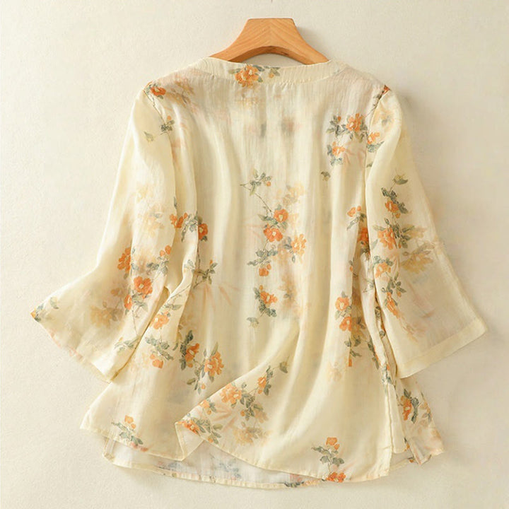 Camisa de poliéster de manga tres cuartos para mujer con cuello redondo, estampado de plantas y botones de rana, con Buddha Stones - image 1