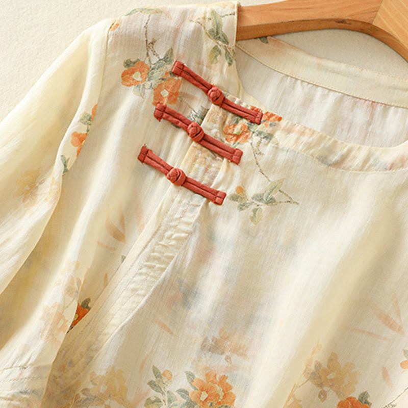 Camisa de poliéster de manga tres cuartos para mujer con cuello redondo, estampado de plantas y botones de rana, con Buddha Stones - image 4