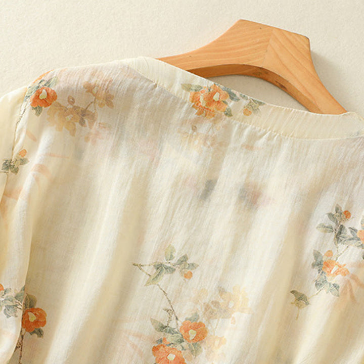 Camisa de poliéster de manga tres cuartos para mujer con cuello redondo, estampado de plantas y botones de rana, con Buddha Stones - image 3