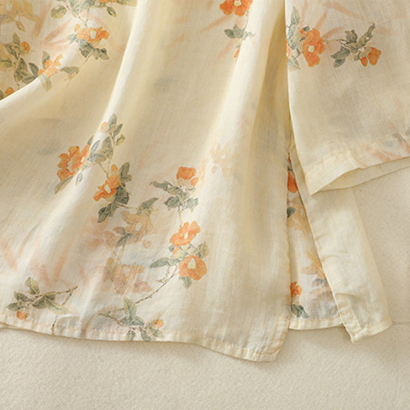 Camisa de poliéster de manga tres cuartos para mujer con cuello redondo, estampado de plantas y botones de rana, con Buddha Stones - image 7