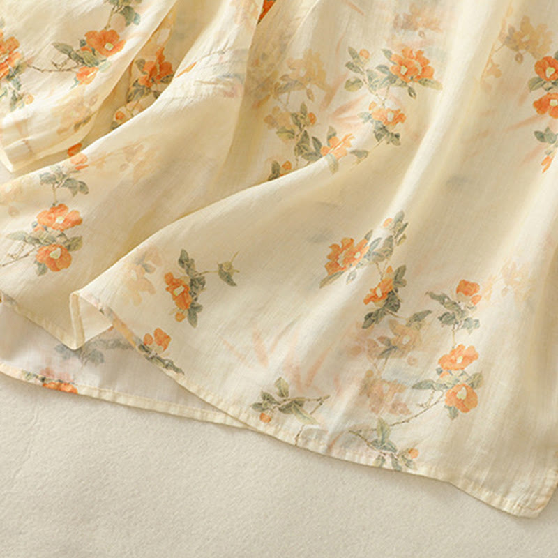 Camisa de poliéster de manga tres cuartos para mujer con cuello redondo, estampado de plantas y botones de rana, con Buddha Stones - image 5