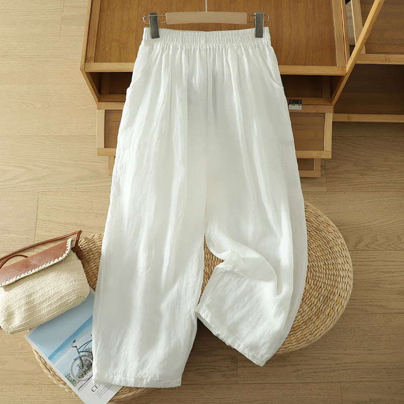 Pantalones harén de lino y algodón hasta los tobillos con bolsillos para mujer, diseño sencillo, color puro, Buddha Stones Commute - Blanco - US8-10，UK/AU12-14，EU40-42 (2XL) - image 5