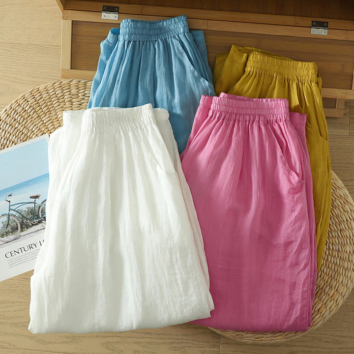 Pantalones harén de lino y algodón hasta los tobillos con bolsillos para mujer, diseño sencillo, color puro, Buddha Stones Commute - image 25