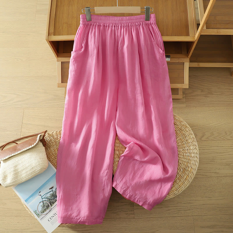 Pantalones harén de lino y algodón hasta los tobillos con bolsillos para mujer, diseño sencillo, color puro, Buddha Stones Commute - Rosa intenso - US8-10，UK/AU12-14，EU40-42 (2XL) - image 15