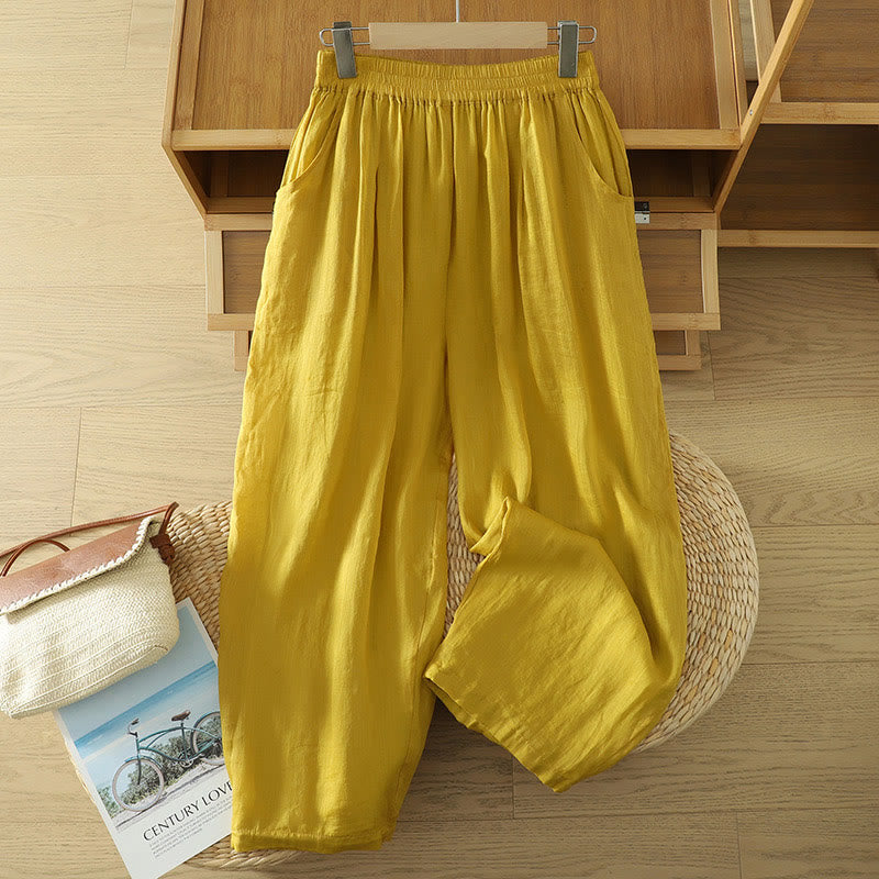 Pantalones harén de lino y algodón hasta los tobillos con bolsillos para mujer, diseño sencillo, color puro, Buddha Stones Commute - Oro - US8-10，UK/AU12-14，EU40-42 (2XL) - image 0