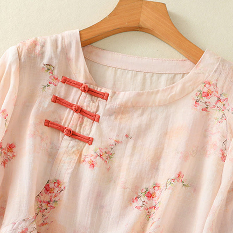 Camisa de poliéster de manga tres cuartos para mujer con cuello redondo, estampado de plantas y botones de rana, con Buddha Stones - image 11