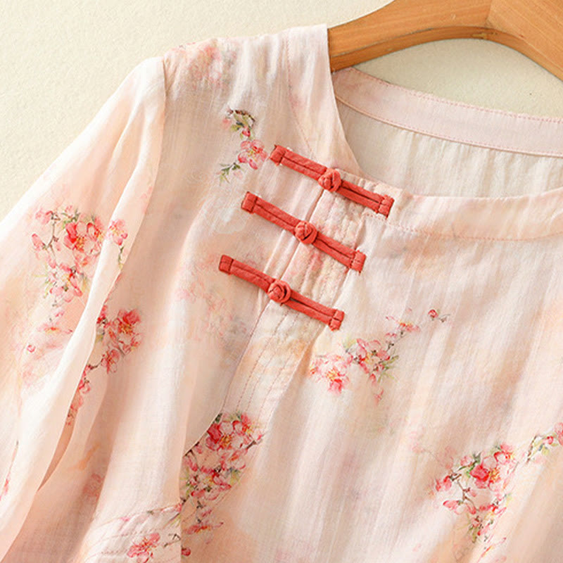 Camisa de poliéster de manga tres cuartos para mujer con cuello redondo, estampado de plantas y botones de rana, con Buddha Stones - image 10