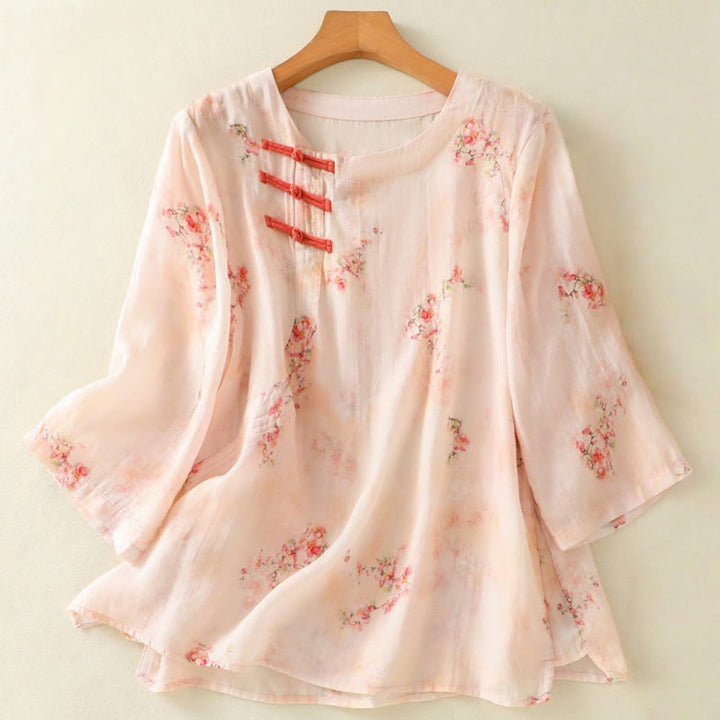 Camisa de poliéster de manga tres cuartos para mujer con cuello redondo, estampado de plantas y botones de rana, con Buddha Stones - MistyRose - US8-10，UK/AU12-14，EU40-42 (2XL) - image 8