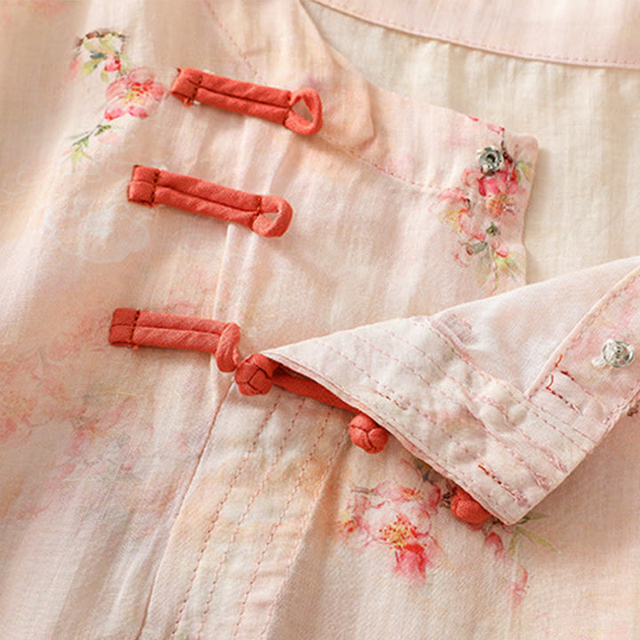 Camisa de poliéster de manga tres cuartos para mujer con cuello redondo, estampado de plantas y botones de rana, con Buddha Stones - image 14