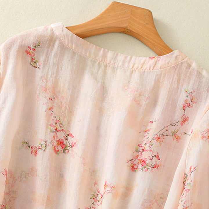 Camisa de poliéster de manga tres cuartos para mujer con cuello redondo, estampado de plantas y botones de rana, con Buddha Stones - image 12