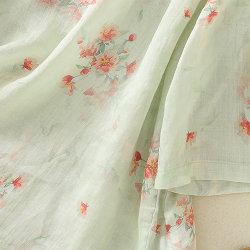 Camisa de poliéster de manga tres cuartos para mujer con cuello redondo, estampado de plantas y botones de rana, con Buddha Stones - image 22