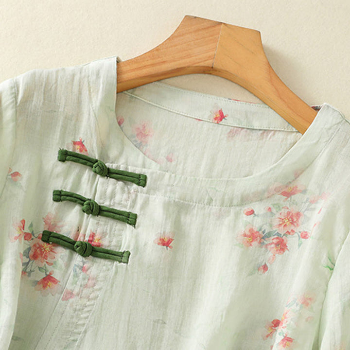 Camisa de poliéster de manga tres cuartos para mujer con cuello redondo, estampado de plantas y botones de rana, con Buddha Stones - image 19