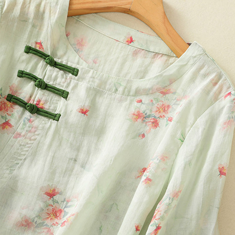 Camisa de poliéster de manga tres cuartos para mujer con cuello redondo, estampado de plantas y botones de rana, con Buddha Stones - image 20