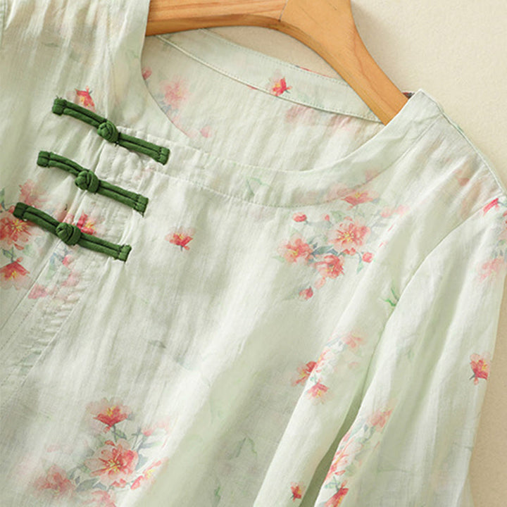 Camisa de poliéster de manga tres cuartos para mujer con cuello redondo, estampado de plantas y botones de rana, con Buddha Stones - image 20