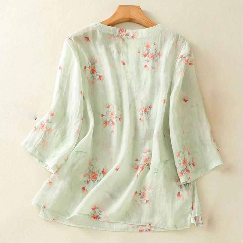 Camisa de poliéster de manga tres cuartos para mujer con cuello redondo, estampado de plantas y botones de rana, con Buddha Stones - image 18