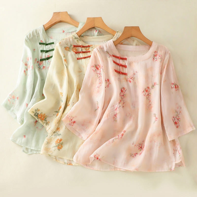 Camisa de poliéster de manga tres cuartos para mujer con cuello redondo, estampado de plantas y botones de rana, con Buddha Stones - image 24