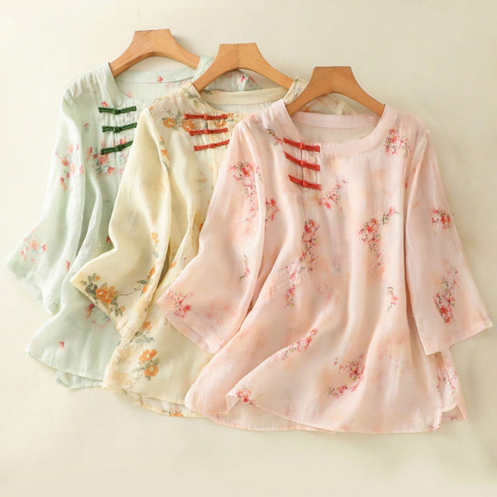 Camisa de poliéster de manga tres cuartos para mujer con cuello redondo, estampado de plantas y botones de rana, con Buddha Stones - image 24