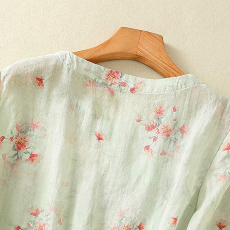 Camisa de poliéster de manga tres cuartos para mujer con cuello redondo, estampado de plantas y botones de rana, con Buddha Stones - image 21