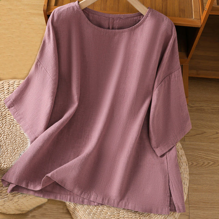 Buddha Stones Camiseta informal de verano de algodón de manga corta con cuello redondo para mujer - Rojo violeta pálido - US14，UK/AU18，EU46 (2XL) - image 0