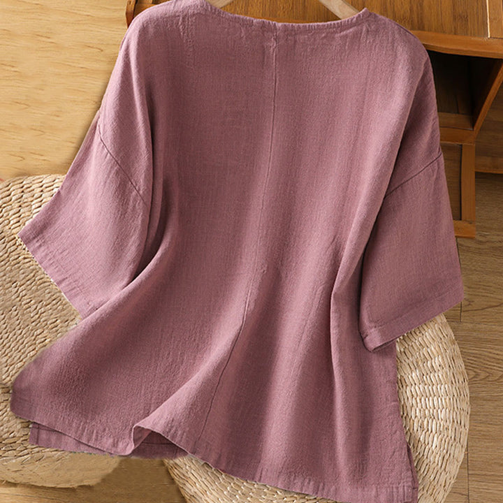 Buddha Stones Camiseta informal de verano de algodón de manga corta con cuello redondo para mujer - image 1