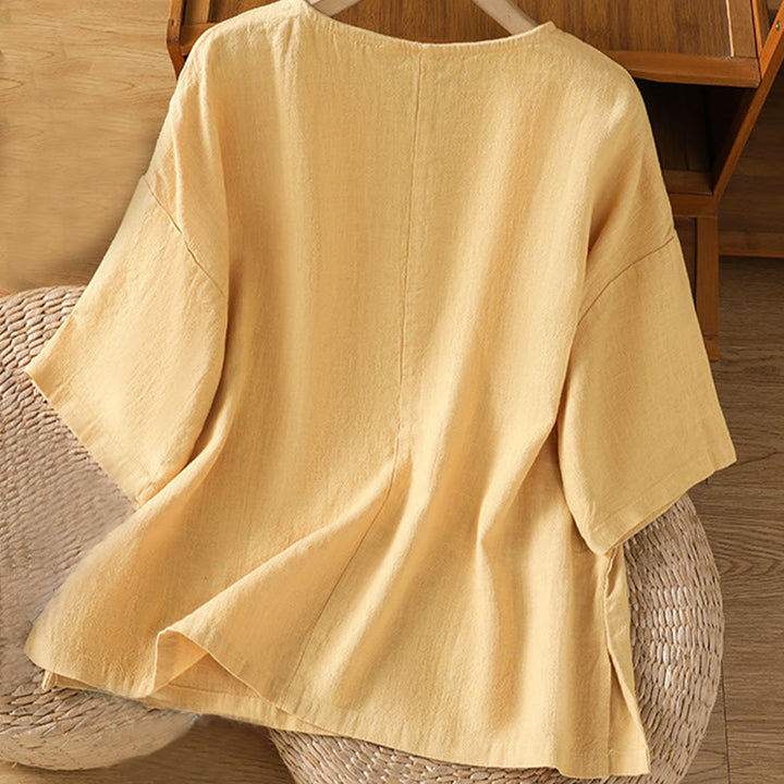 Buddha Stones Camiseta informal de verano de algodón de manga corta con cuello redondo para mujer - image 9