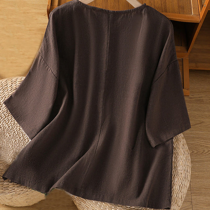 Buddha Stones Camiseta informal de verano de algodón de manga corta con cuello redondo para mujer - image 15