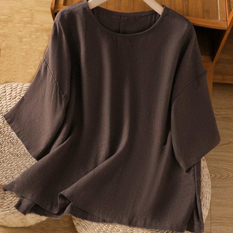 Buddha Stones Camiseta informal de verano de algodón de manga corta con cuello redondo para mujer - Marrón silla de montar - US14，UK/AU18，EU46 (2XL) - image 14