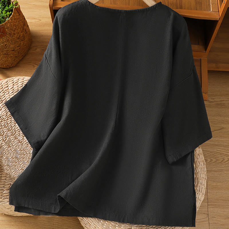 Buddha Stones Camiseta informal de verano de algodón de manga corta con cuello redondo para mujer - image 21