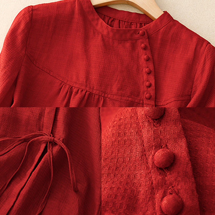 Camisa de lino y algodón para mujer con mangas tres cuartos y diseño de Buddha Stones con botones y cordones - image 18