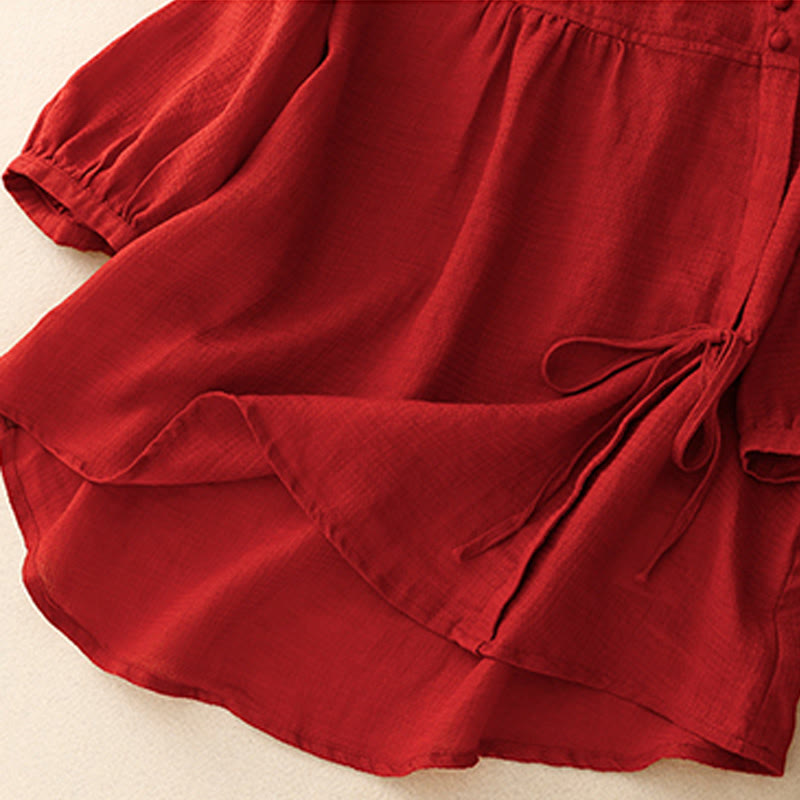 Camisa de lino y algodón para mujer con mangas tres cuartos y diseño de Buddha Stones con botones y cordones - image 16