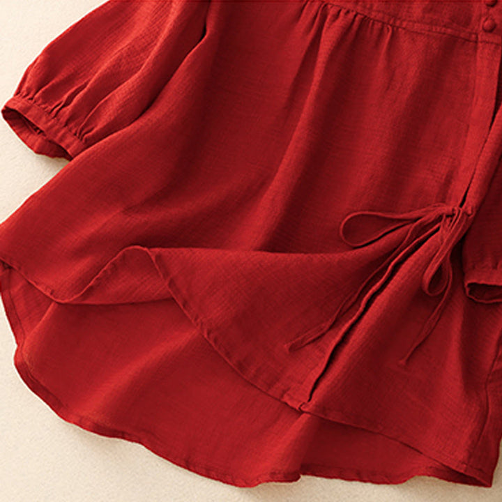 Camisa de lino y algodón para mujer con mangas tres cuartos y diseño de Buddha Stones con botones y cordones - image 16