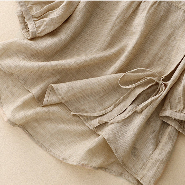 Camisa de lino y algodón para mujer con mangas tres cuartos y diseño de Buddha Stones con botones y cordones - image 8