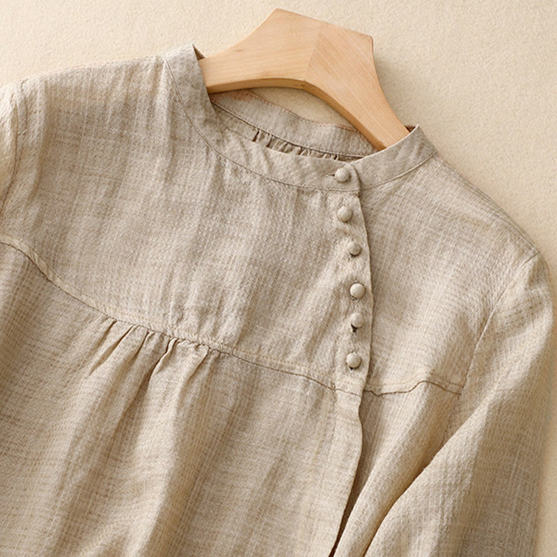 Camisa de lino y algodón para mujer con mangas tres cuartos y diseño de Buddha Stones con botones y cordones - image 7