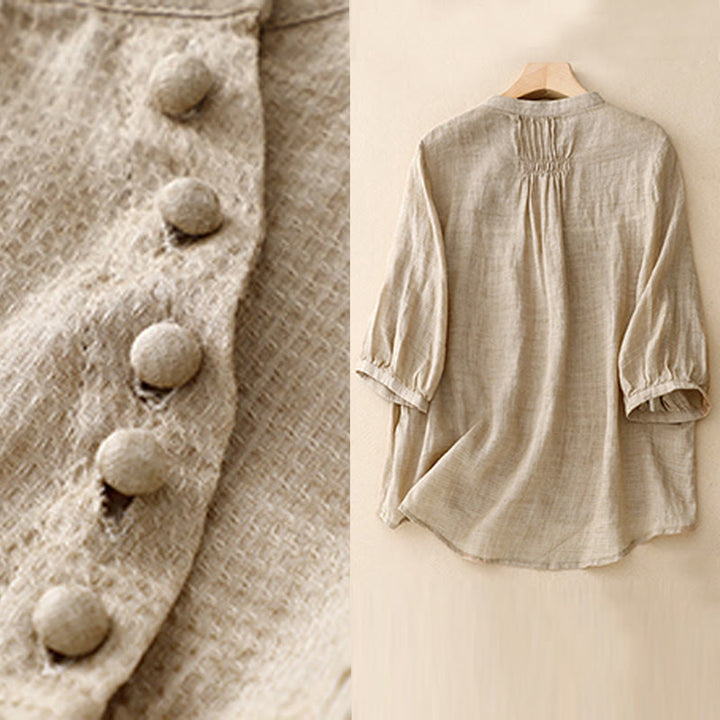 Camisa de mujer de manga tres cuartos con diseño de Buddha Stones y botones con cordones. - image 12