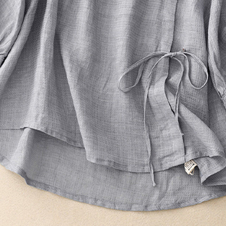 Camisa de lino y algodón para mujer con mangas tres cuartos y diseño de Buddha Stones con botones y cordones - image 4